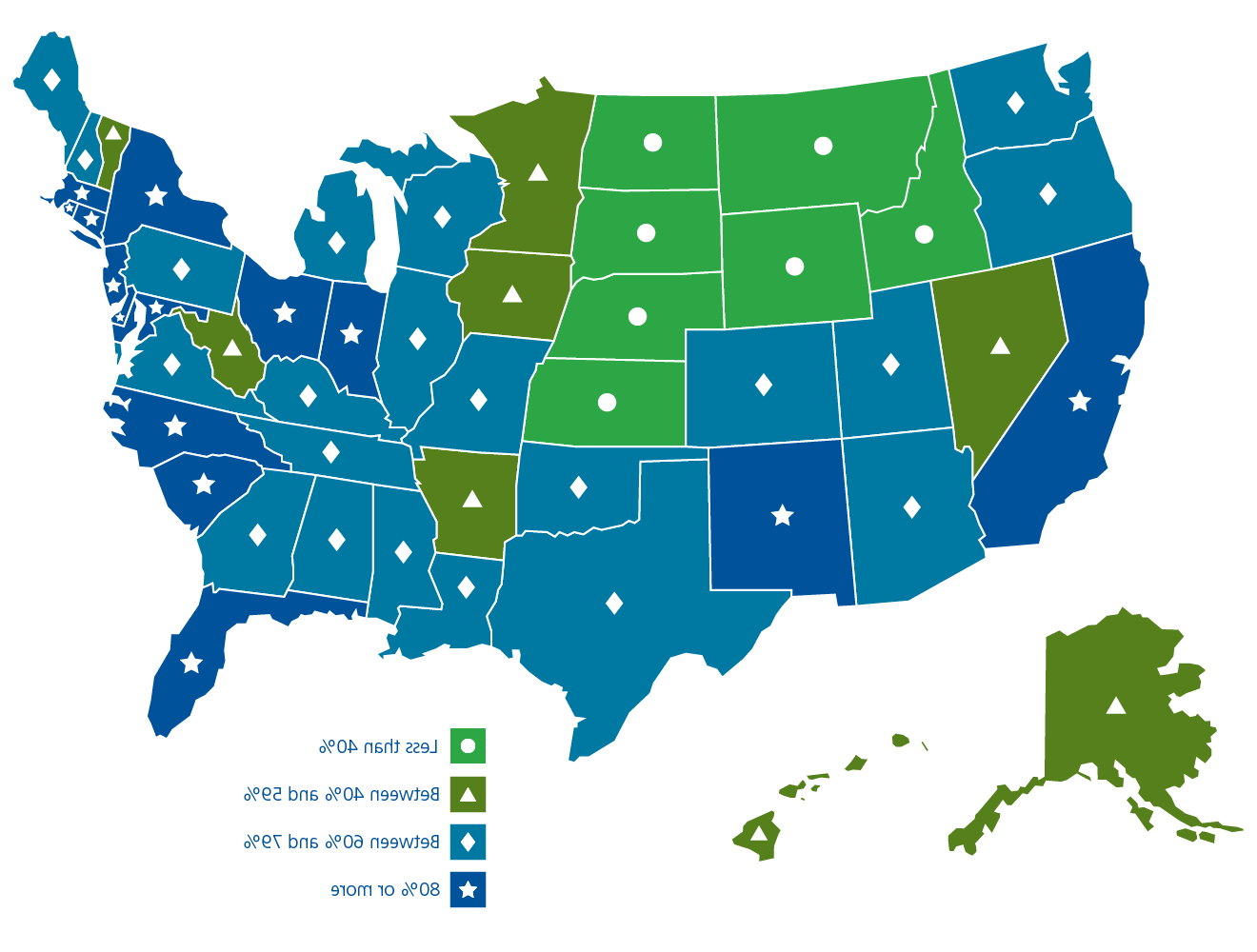 This is a map of the continental U.S., Hawaii, and Alaska that shows the proportion of hospitals in a state that are designated as birthing-friendly. See the link below each image for a description of the image.